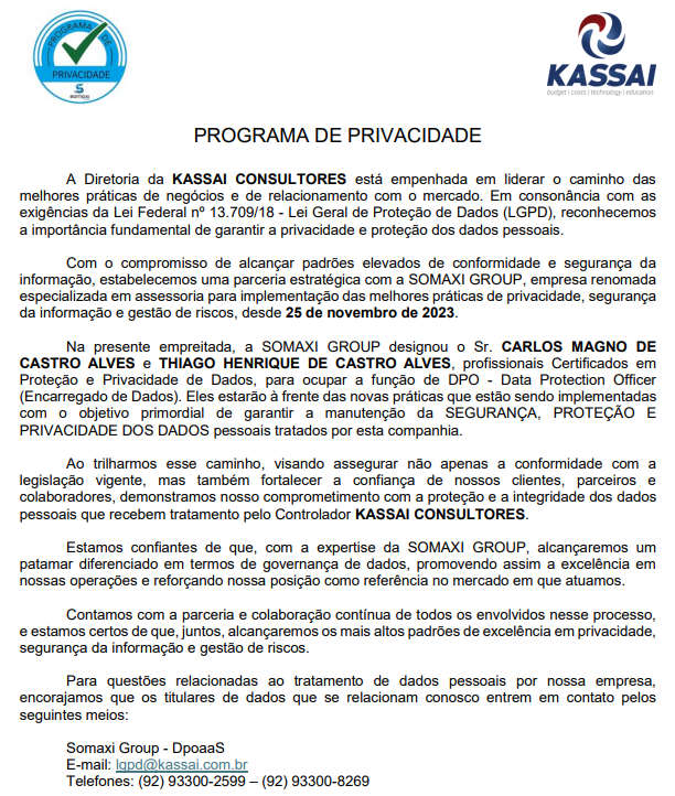 Programa de Privacidade Kassai Consultores & SOMAXI